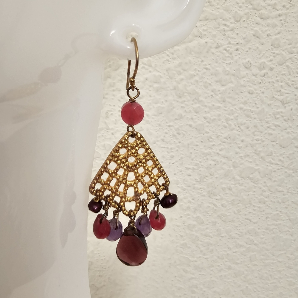 Boho Chandelier Earrings Garnet Amethyst Style Gold Tone Dangle